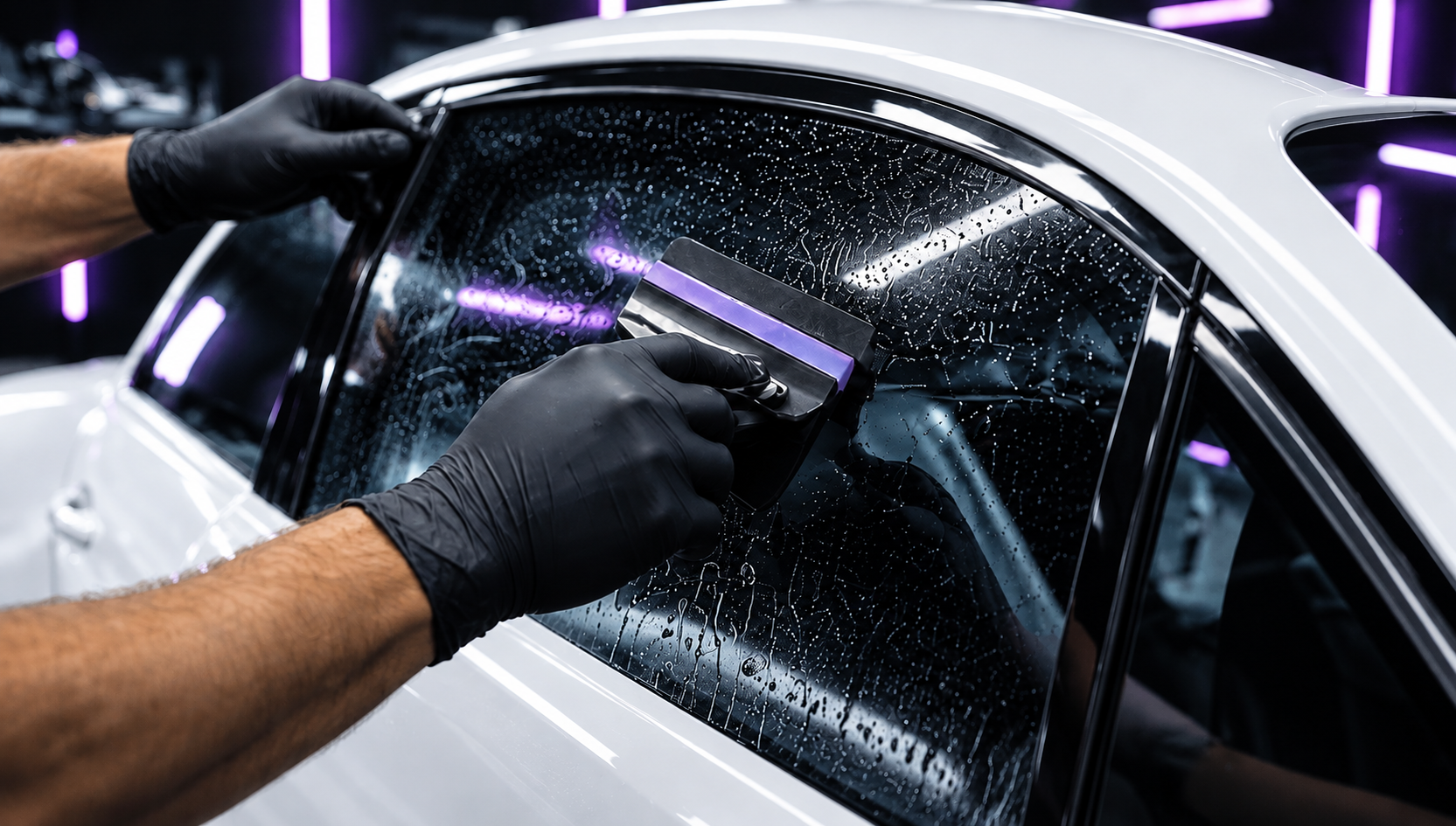 Installer applying UV99 film to a car window