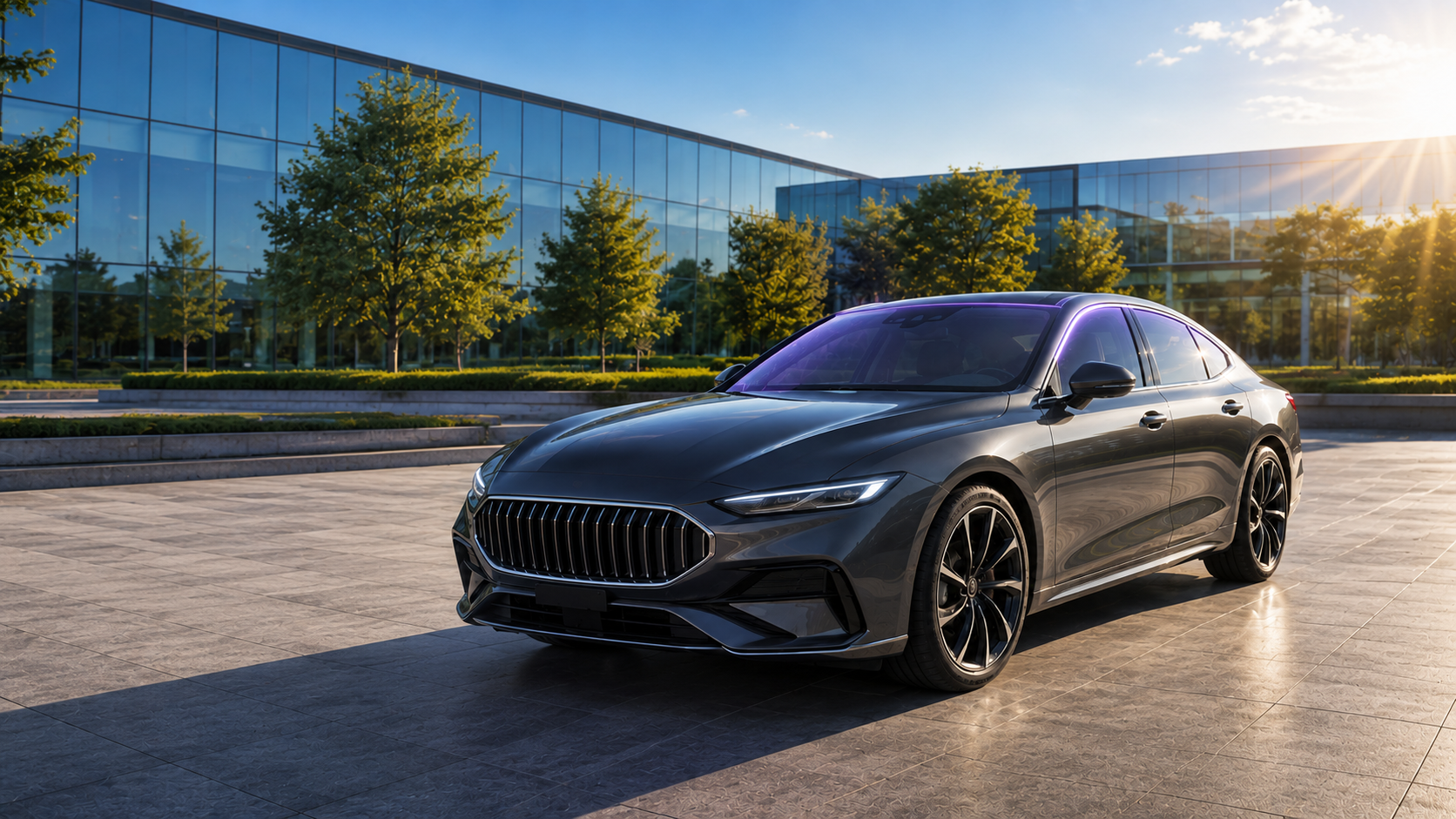 A dark luxury sedan with UV99 film on its glass, parked outside a glass-walled building